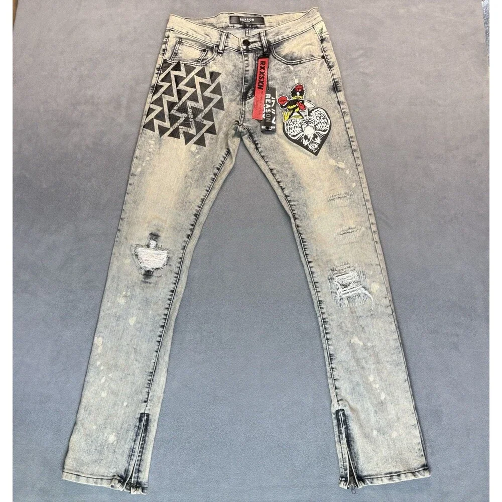 NEW Reason Brand Jeans Mens Size 30 Slim Graphic Painted Comic‎ Artstyle